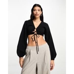 ASOS Black Crinkle Lace Up Lattice Crop Top Size 4